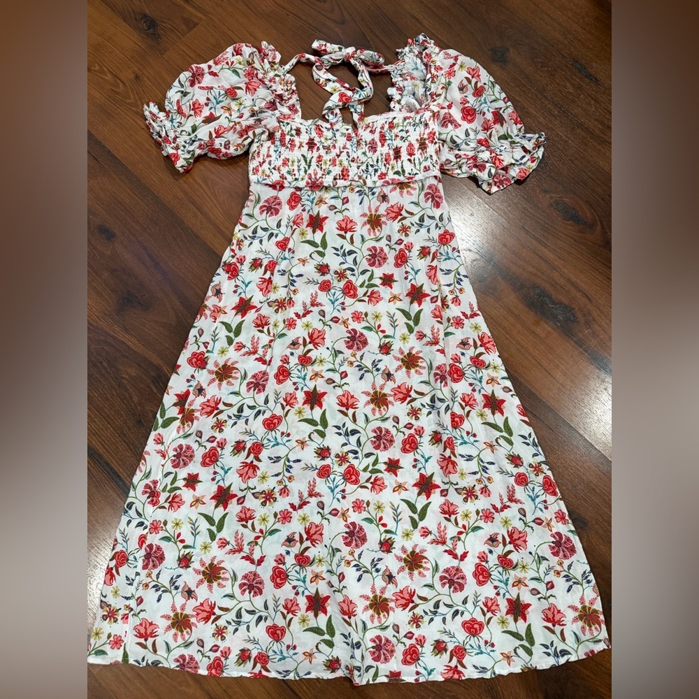 Anthropologie Mark D. Sikes Floral Smocked Puff-Sleeve Dress  babydoll XXS